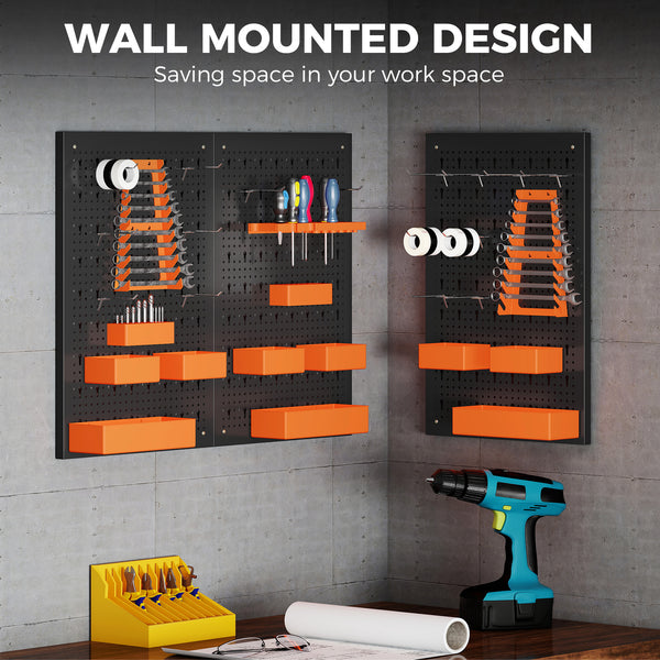 Wall-mounted tool organizer with 3 panels, 9 bins, 5 holders, and 16 hooks – Black and orange