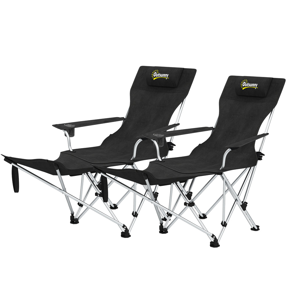 Set of 2 Reclining Camping Chairs with Footrest and Headrest, Cup Holder, Storage Bag, Black