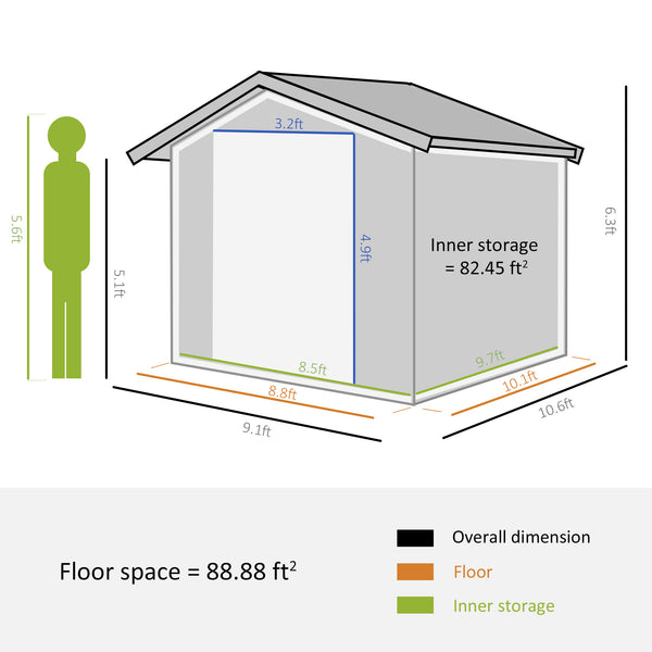 Metal garden shed with double sliding doors and 4 vents, dark grey