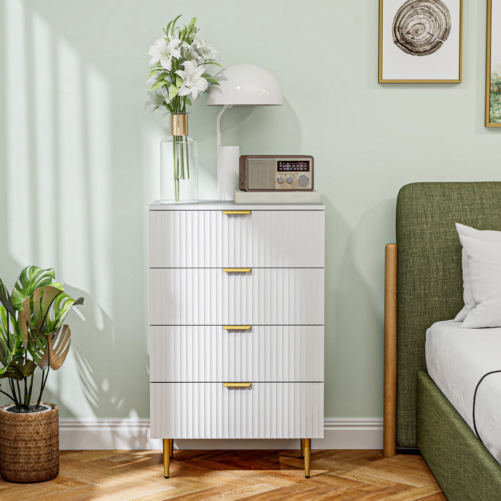 Modern 4-drawer chest of drawers with gold legs and handles, white