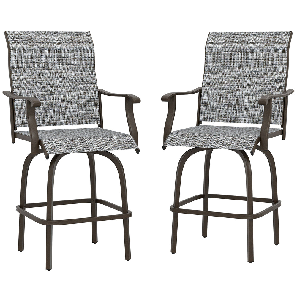 Outdoor Bar Stools Set of 2, Swivel Bar Height Chairs with High Back, Curved Armrests and Steel Frame, Mixed Grey