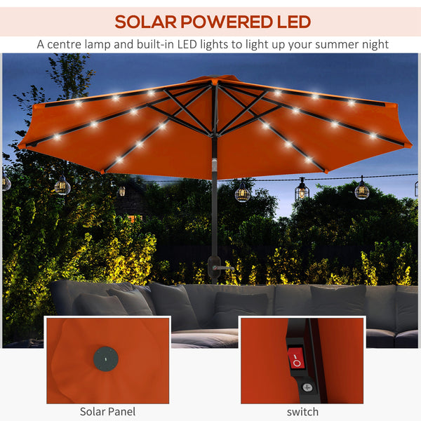 2.7m Outdoor Solar Patio Umbrella with 24 LEDs and Tiltable Canopy, Orange