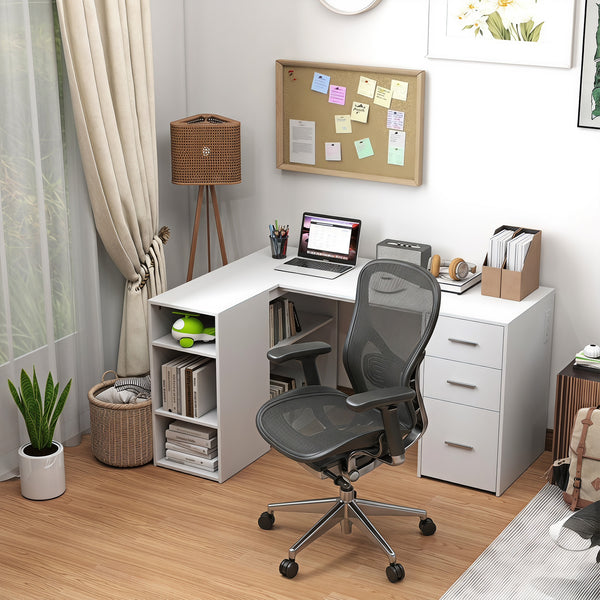 55" L-Shaped Desk with Outlets and Drawers, White
