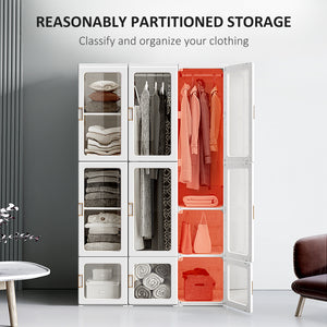 Foldable and portable wardrobe with cube storage, hanging rails, and magnetic doors, white