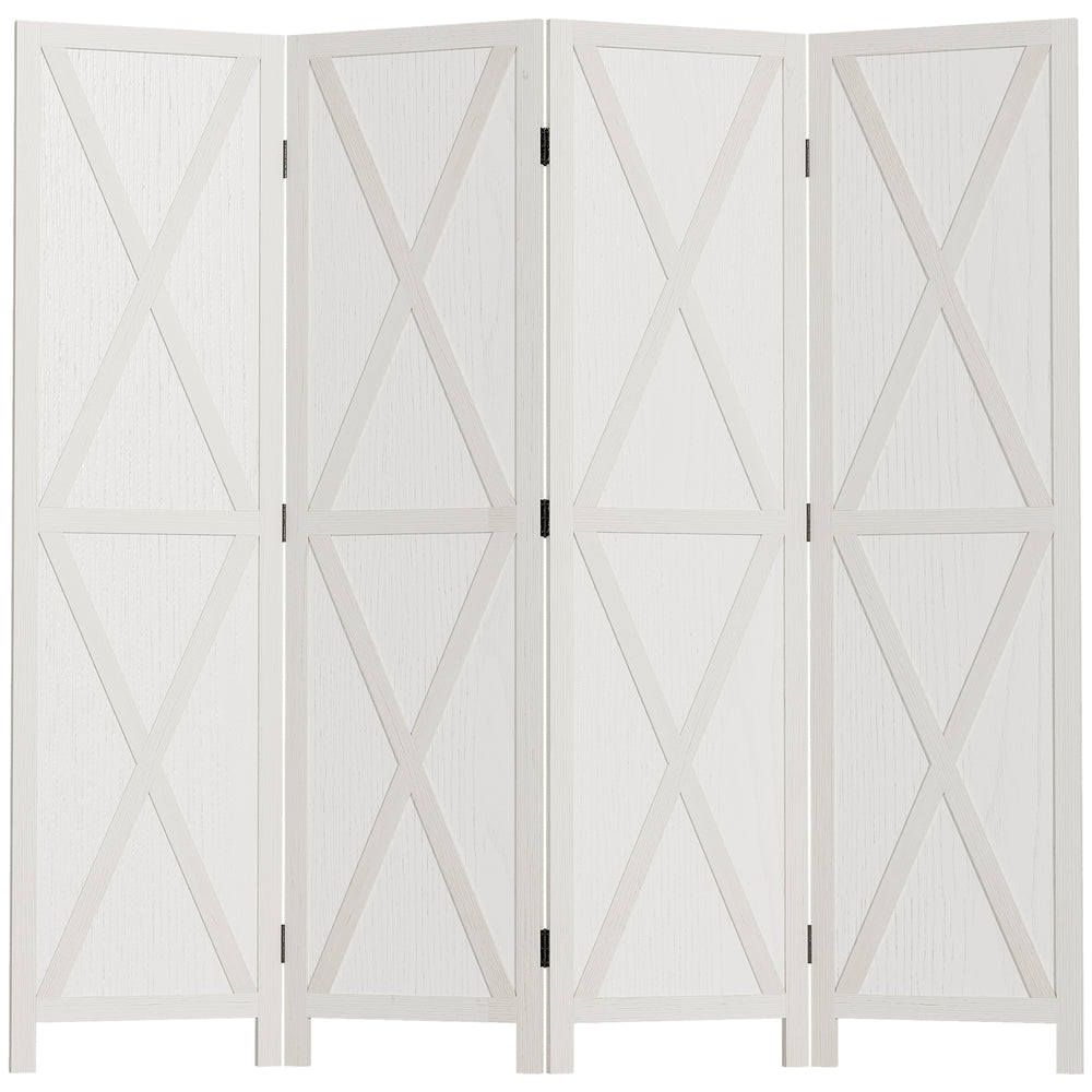 4-Panel Country Style Room Divider with Wooden Frame, White