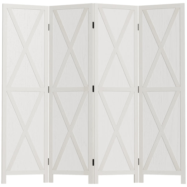 4-Panel Country Style Room Divider with Wooden Frame, White