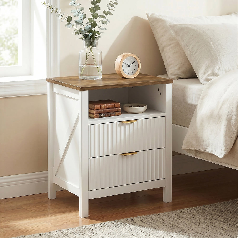 Bedside table with 2 drawers, open shelf and walnut-effect top, white
