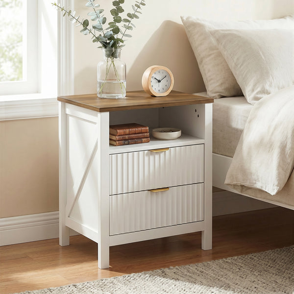 Bedside table with 2 drawers, open shelf and walnut-effect top, white