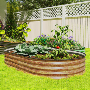 Raised outdoor planter in galvanized steel with metal support, brown wood look