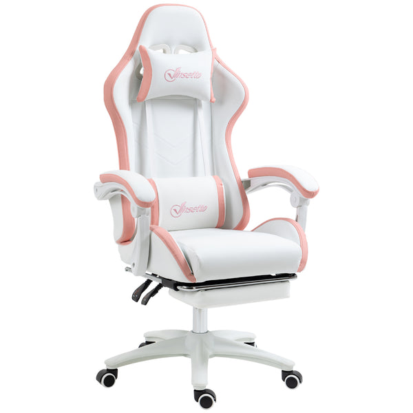 PU leather gaming chair with footrest, reclining backrest, white