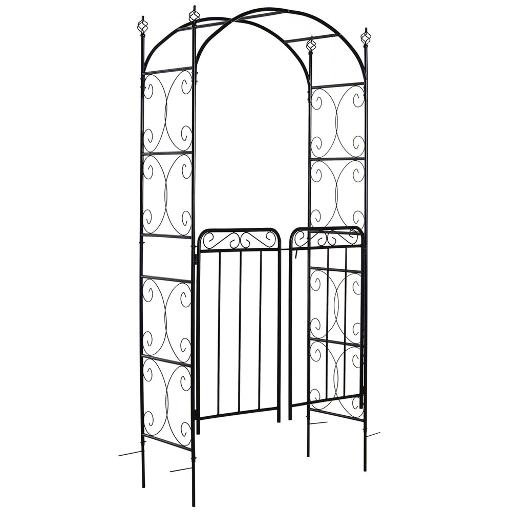 Metal garden arch with scrollwork doors