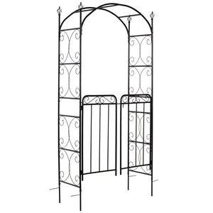 Metal garden arch with scrollwork doors