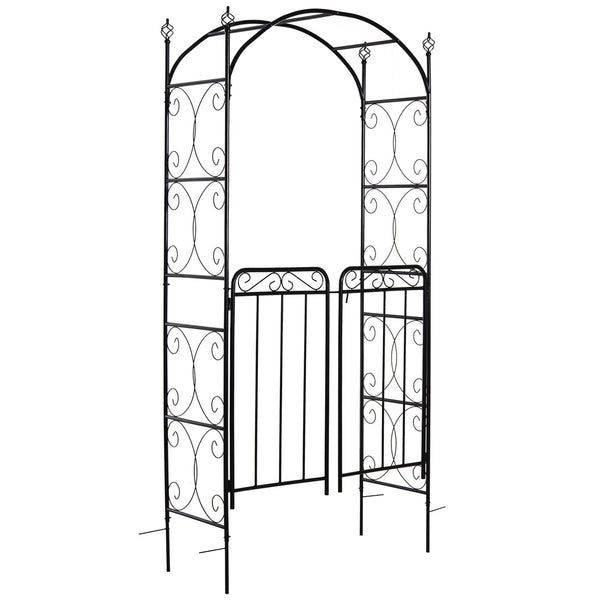 Metal garden arch with scrollwork doors