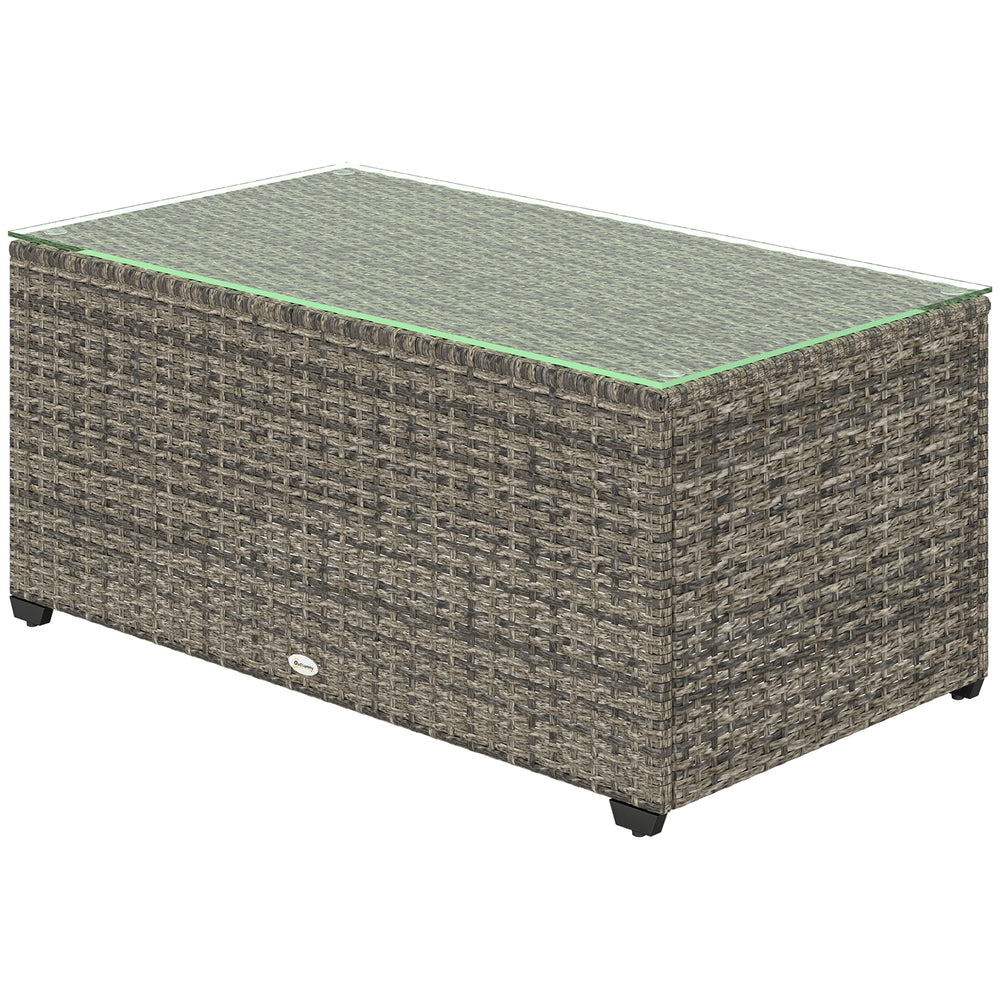 Wicker Outdoor Coffee Table, PE Wicker Rectangular Patio Table with Tempered Glass Top for Garden, Balcony, Dark Grey