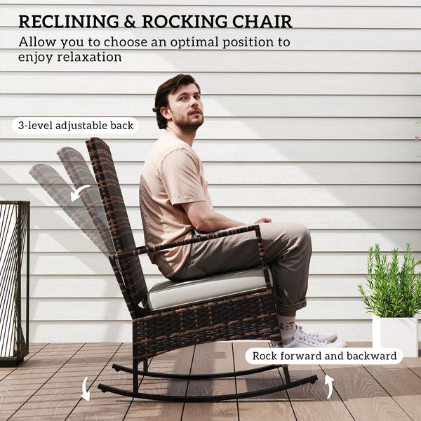 3-Piece Wicker Bistro Set with 3-Tier Reclining High Back, Glass Table, White