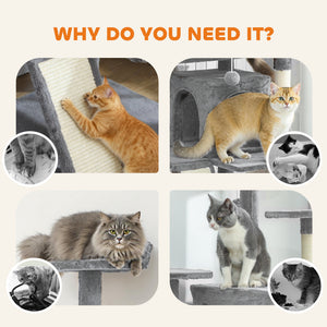 54" Cat Tree, Multi-Level Cat Tower with Scratching Posts, Cat Condos, Bed, Platforms, Ramp, Toy Ball, Light Gray