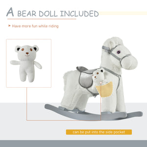 Plush Rocking Horse with Teddy Bear, White