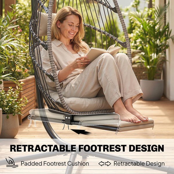 Light gray metal support egg-shaped outdoor hanging chair with retractable footrest
