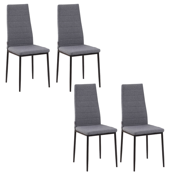 Set of 4 modern chairs upholstered in linen with tufted detailing and metal legs, grey