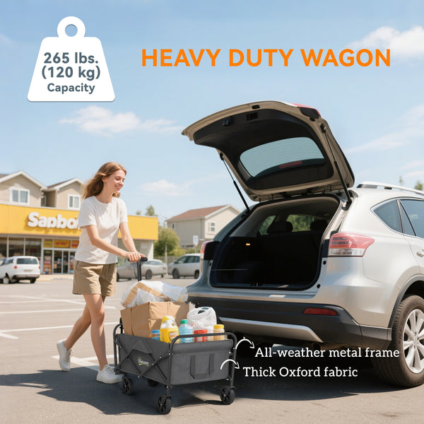 Collapsible Folding Garden Cart, Heavy Duty Lawn Wagon with Universal Wheels and Adjustable Handle, Grey