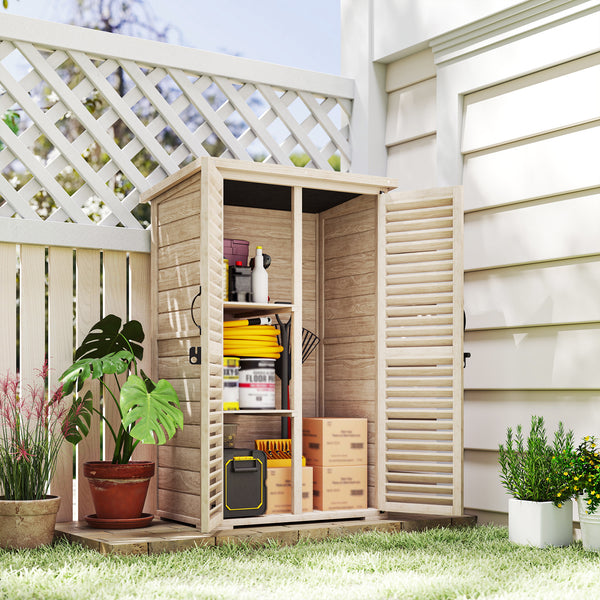 Wooden garden shed with waterproof asphalt roof, shelves, natural color