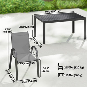 7-piece dining set for 6 people, stackable chairs, light grey