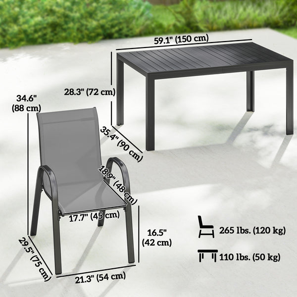 7-piece dining set for 6 people, stackable chairs, light grey