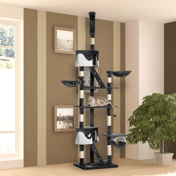Adjustable cat tree from 240 to 250 cm, ceiling height, scratching post, activity center, dark gray
