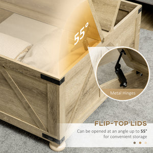 Farmhouse style square coffee table with hinged lids, oak