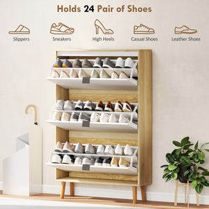Narrow shoe cabinet, high-gloss finish, with 3 drop-down drawers and adjustable shelves, for 24 pairs, white