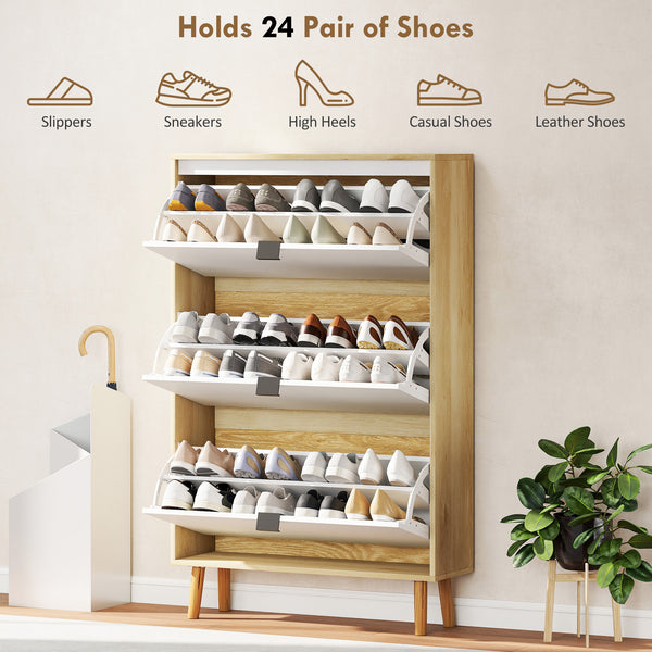 Narrow shoe cabinet, high-gloss finish, with 3 drop-down drawers and adjustable shelves, for 24 pairs, white