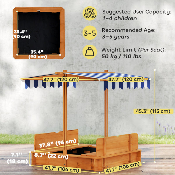 Wooden sandbox with cover, folding benches and adjustable canopy