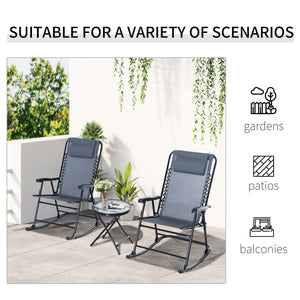 3pc Patio Rocking Chair Set, Folding Outdoor Rocking Chairs and Table Bistro Set w/ Breathable Mesh Seat & Backrest, Headrest for Park, Backyard, Garden, Grey