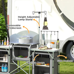 Portable folding aluminum camping kitchen with fabric cupboards, grey