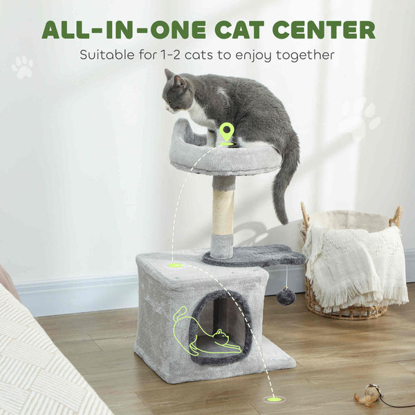 71 cm cat tree with soft bed, comfortable den, scratching post and hanging ball, light grey