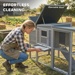 Large wooden chicken coop with covered run, nesting box, removable tray, and asphalt roof