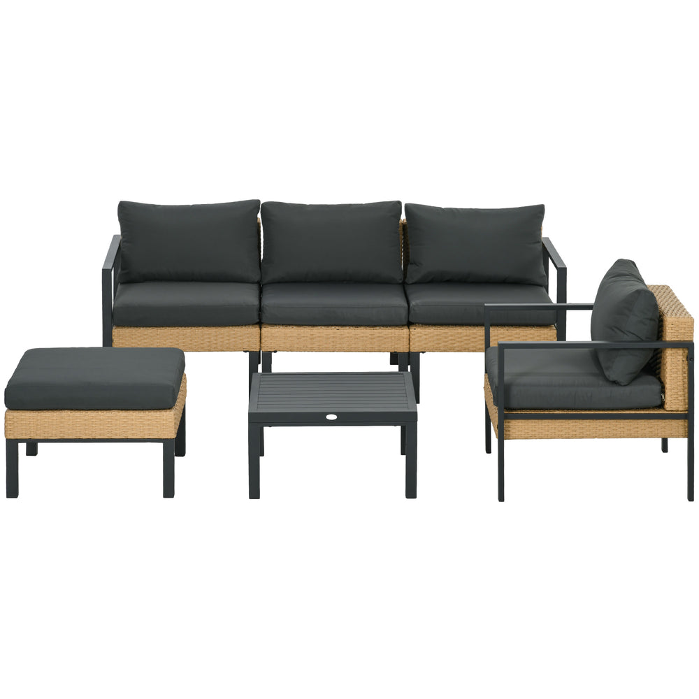 Ensemble de jardin 6 pièces en osier tressé comprenant canapé, fauteuil, tabouret, table basse et coussins, idéal pour aménagement extérieur