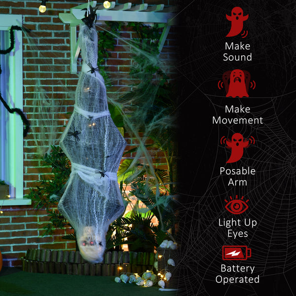 1.4m Life Size Halloween Decoration, Animated Spider Web Hanging Mummy with Sound &amp; Motion Activated, Light-Up Eyes, Spooky Sound