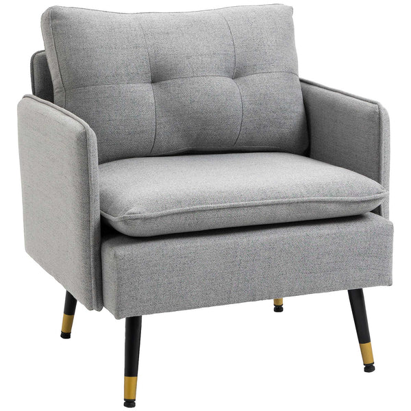 Modern upholstered accent chair with tufted back and steel legs, gray