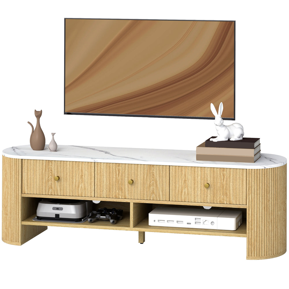 Modern TV cabinet with marble effect top, 3 drawers and 2 open shelves, natural