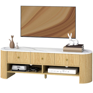 Modern TV cabinet with marble effect top, 3 drawers and 2 open shelves, natural