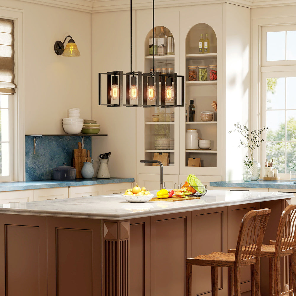 Luminaire suspendu linéaire style ferme, avec 4 abat-jour rotatifs et hauteur réglable, noir