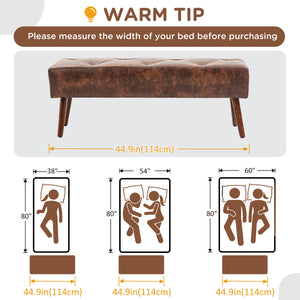 Faux leather button tufted bedroom bench with wooden legs, brown