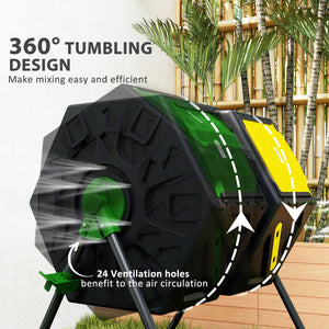 Double-chamber rotary composter with 24 vents and steel legs