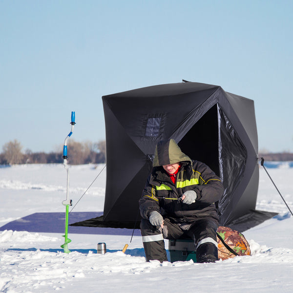 Ice fishing shelter for 2 people, foldable and collapsible, with carry bag, black