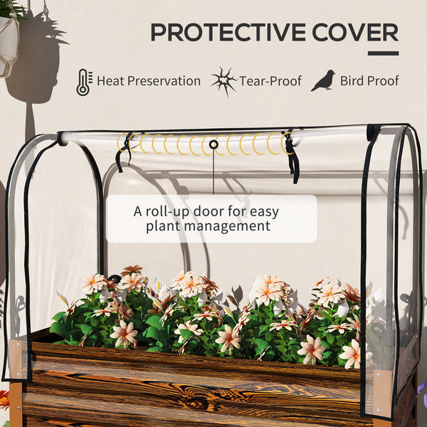 Raised planter with lid, lower shelf and liner, dark brown wood effect