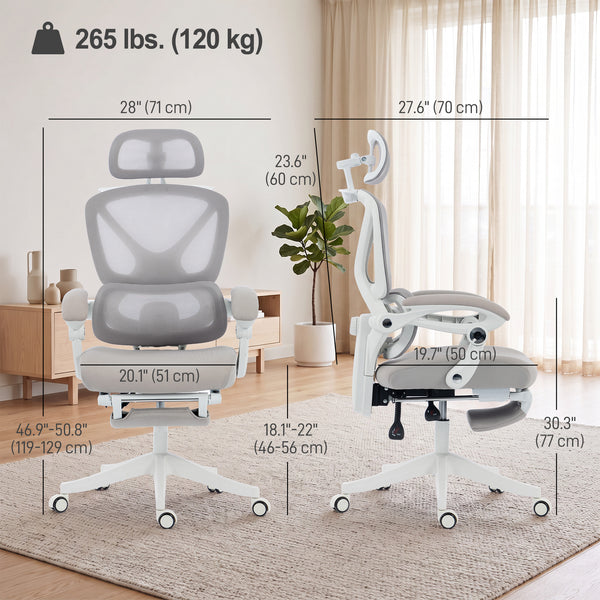 Reclining mesh office chair with footrest, light gray