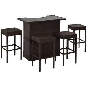 5-Piece Patio Bar Set, Synthetic Rattan Table and High Chairs, with Tempered Glass Top, Dark Brown