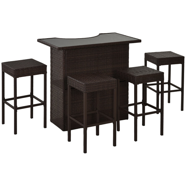 5-Piece Patio Bar Set, Synthetic Rattan Table and High Chairs, with Tempered Glass Top, Dark Brown