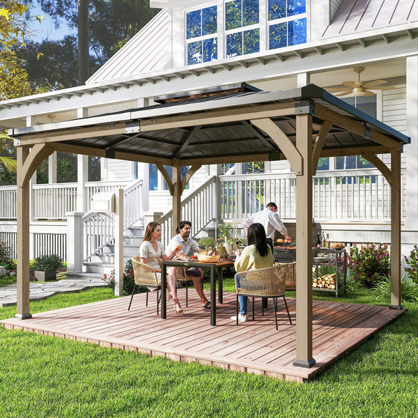 12' x 14' gazebo with rigid galvanized steel roof, wooden frame, double roof, light walnut color